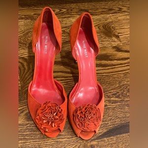 Red peep toe suede heels